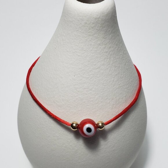 14K Solid GOLD Beads Evil Eye Red String Kabbalah Bracelet Protection Good Luck - Picture 2 of 7